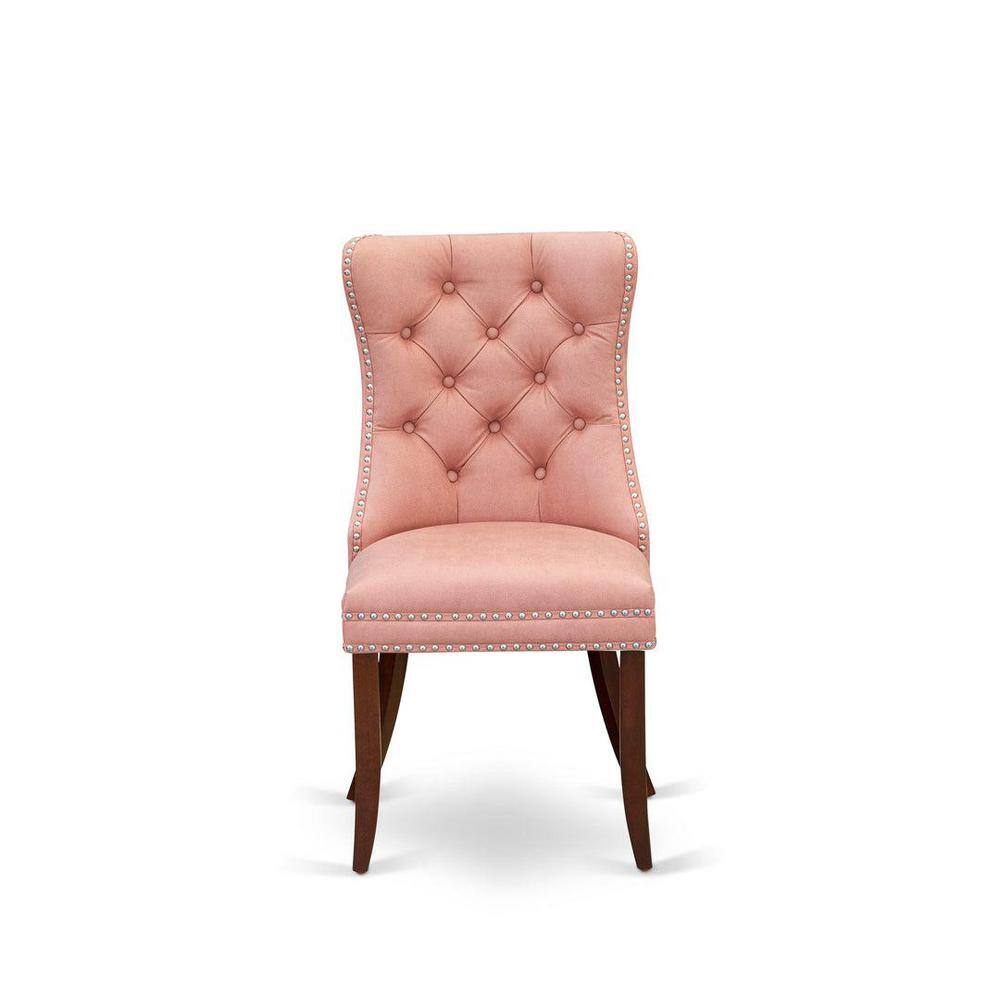Mahogany Finish Round Pedestal Dining Table with Pink Tufted Chairs