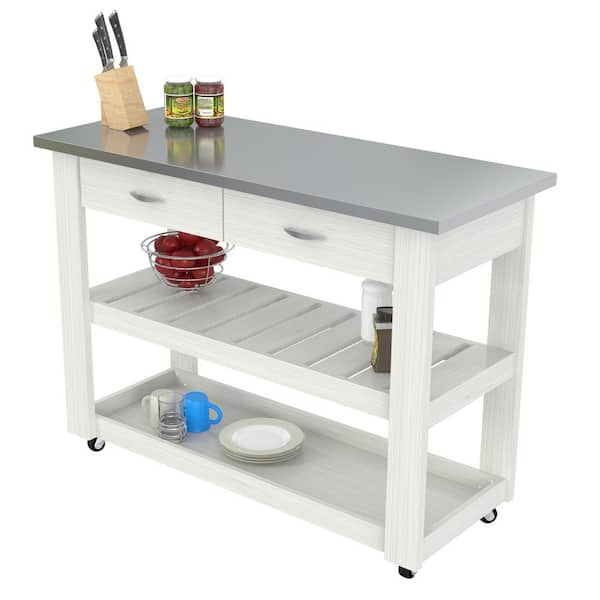 Inval White 46.8 in. x 33.8 in. x 19.7 in. Kitchen Utility Cart with Stainless Steel Top