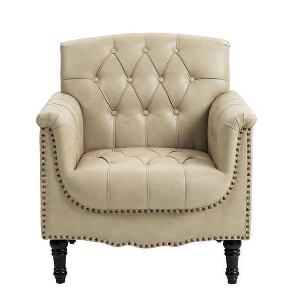 Mid-Century Beige Faux Leather Button Tufted Accent Arm Chair with Wood Legs (Set of 1)