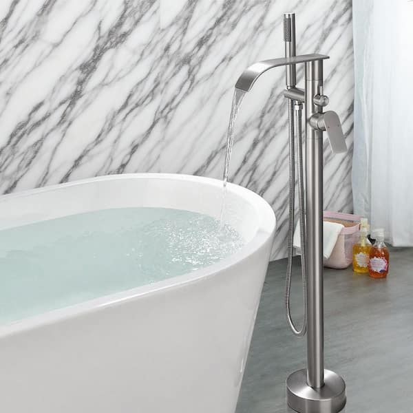 Vara 1-Handle 42.2 in. H Freestanding Tub Faucet with Hand Shower and 360° Swivel Spout in Brushed Nickel