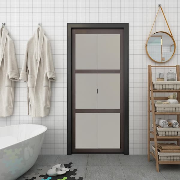 Colonial Elegance 30 in. x 80.5 in. Mocha 3-Lite Indoor Studio MDF Wood Frame with Frosted Glass Interior Bi-Fold Closet Door