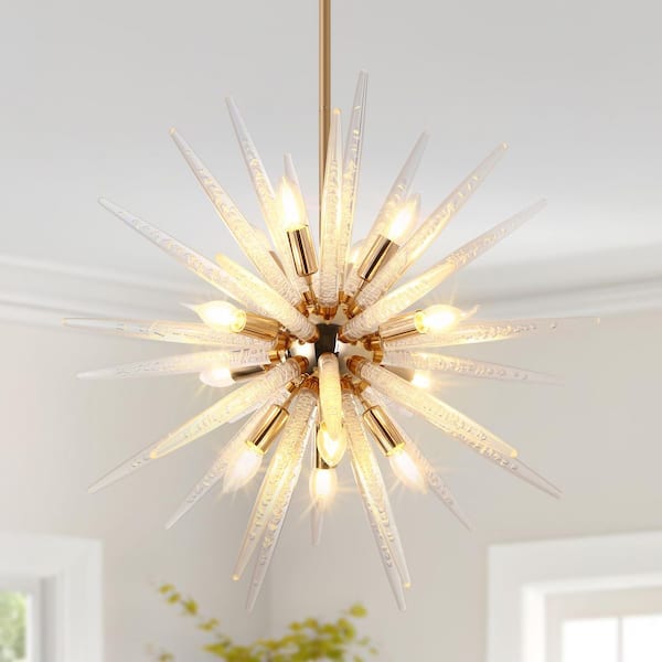 TinHon Modern 12-Light Gold Sputnik Chandelier with Frosted Glass Spikes for Dining Room, Kitchen Island, or Living Room