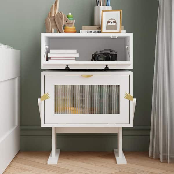 2-Drawer White Nightstands with Robot Shape, 360°Rotation, 18.9 in. W x 15.7 in. D x 27.6 in. H