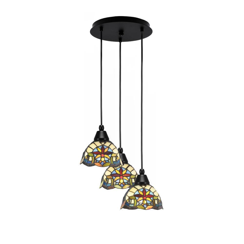 Savannah 8 in. 3-Light Matte Black Cord Pendant Light Earth Star Art Glass 