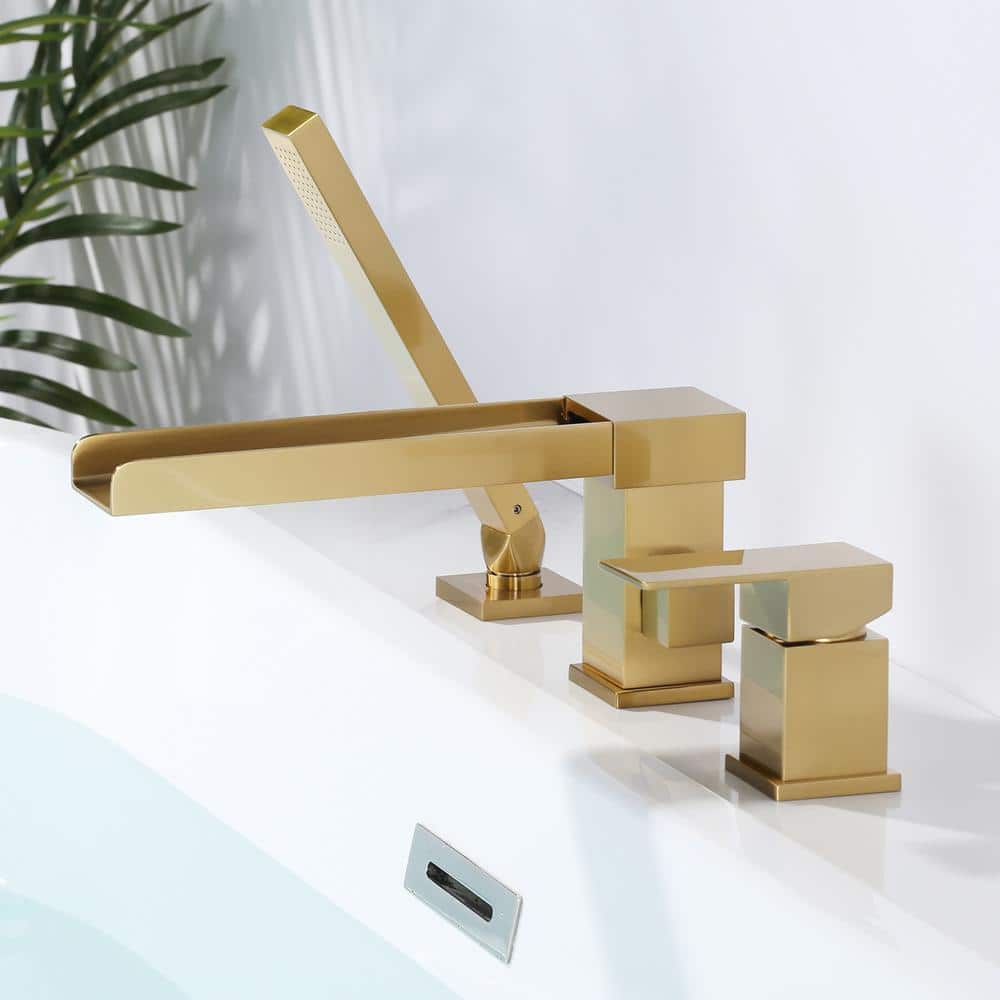 Brushed Gold Modern Waterfall Tub Deck Faucet with Hand Shower