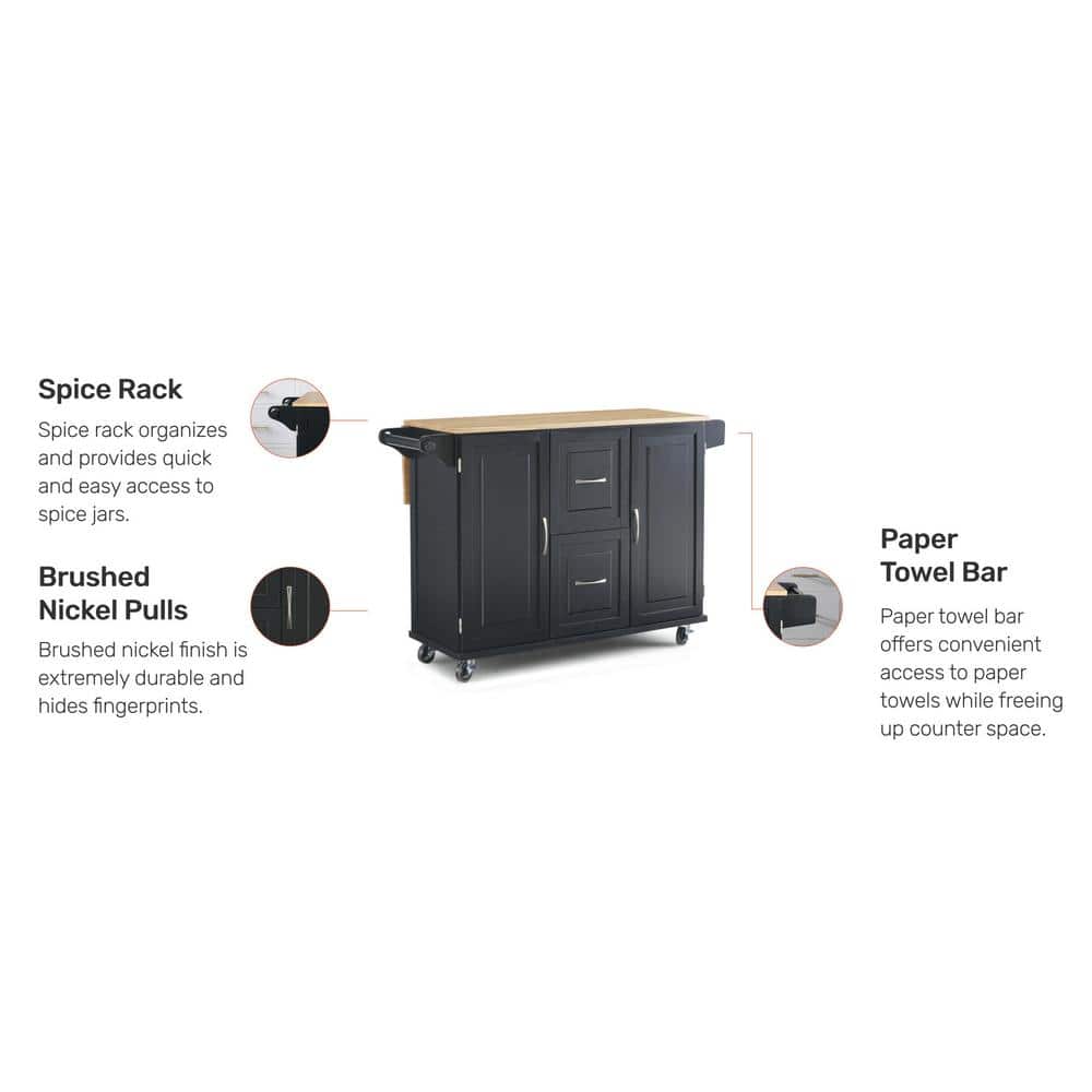 Black Wood Kitchen Cart with Drop Leaf and Storage