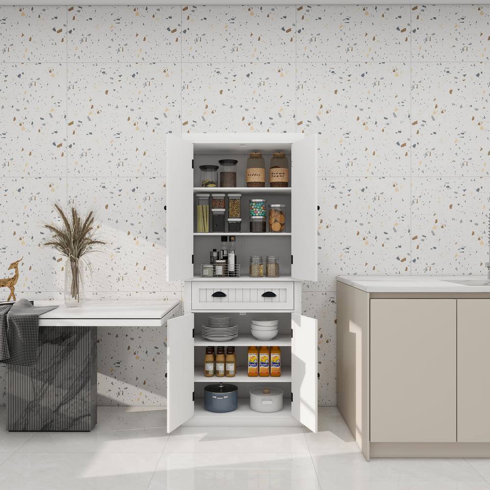 White Freestanding Storage Cabinet with Adjustable Shelves and Drawer