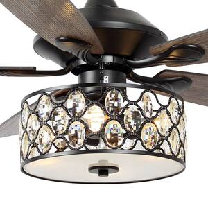 52 in. Indoor Matte Black Crystal Chandelier Ceiling Fan with Light and Remote Control