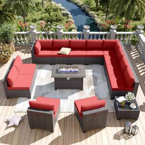 14-Piece Wicker Patio Conversation Set with 55000 BTU Gas Fire Pit Table and Glass Coffee Table and Red Cushions
