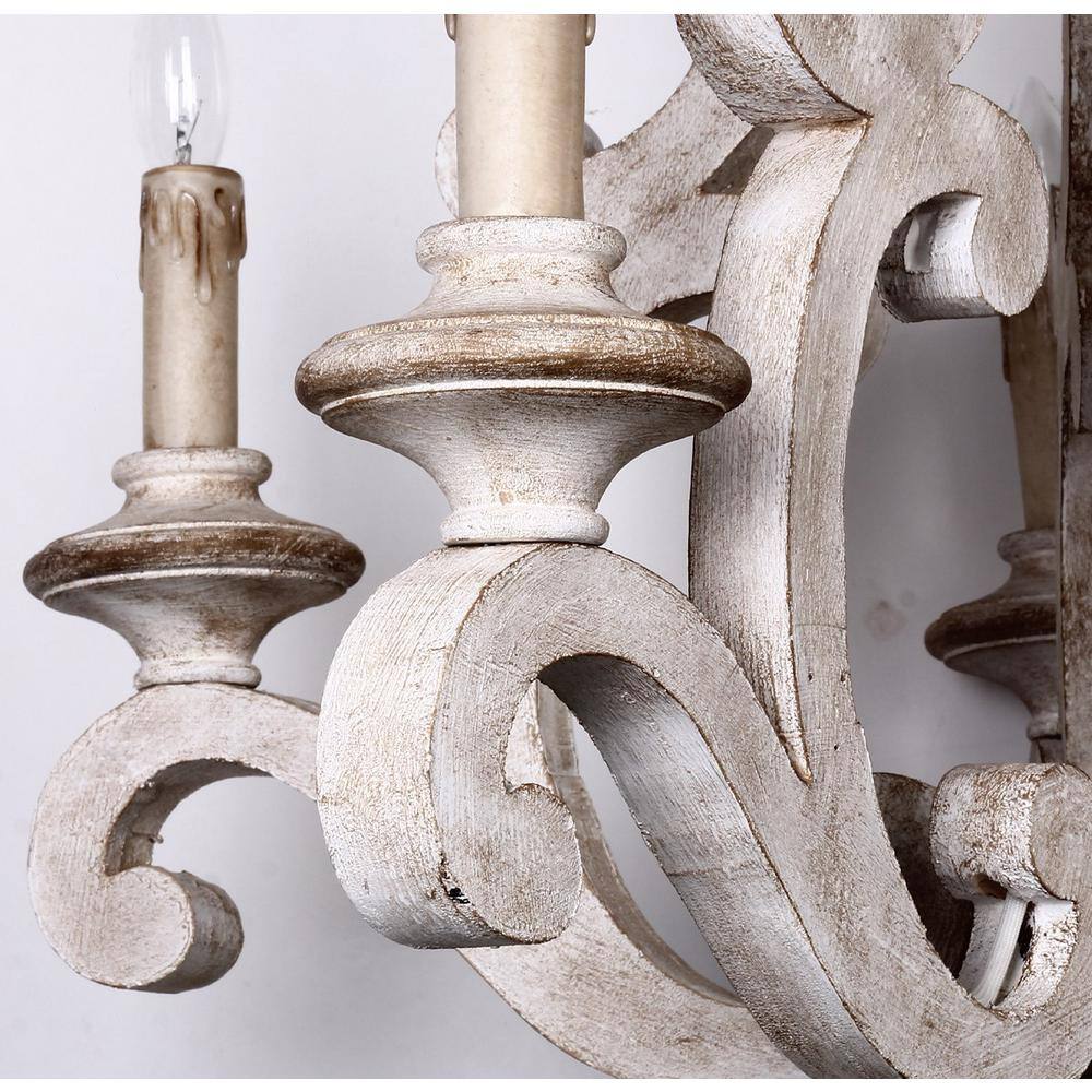 Distressed White 5-Light Wood Candle Chandelier