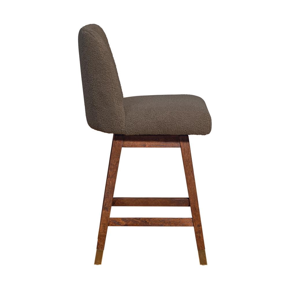 Brown Oak Wood Swivel Counter Stool with Taupe Boucle Fabric