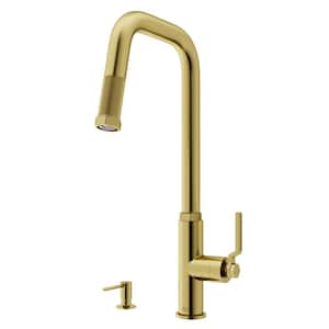 Hart Angular Single Handle Pull-Down Spout Kitchen Faucet Set with Soap Dispenser in Matte Brushed Gold