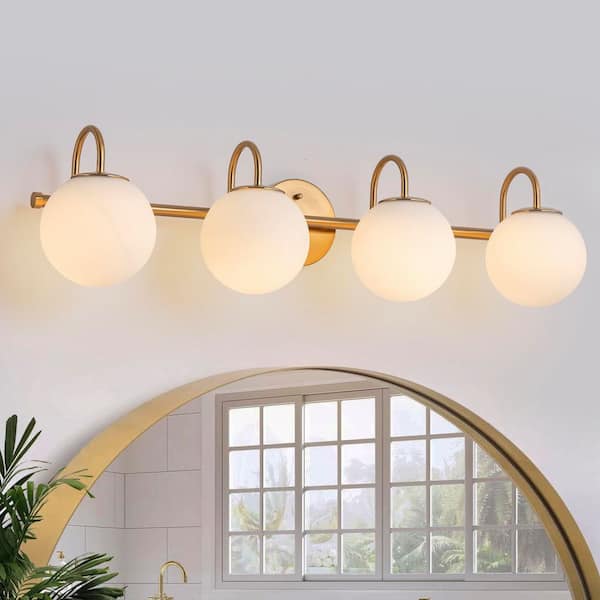 Lucie 31.14 in. 4-Light Gold Bathroom Vanity Light with Opal Glass Shades