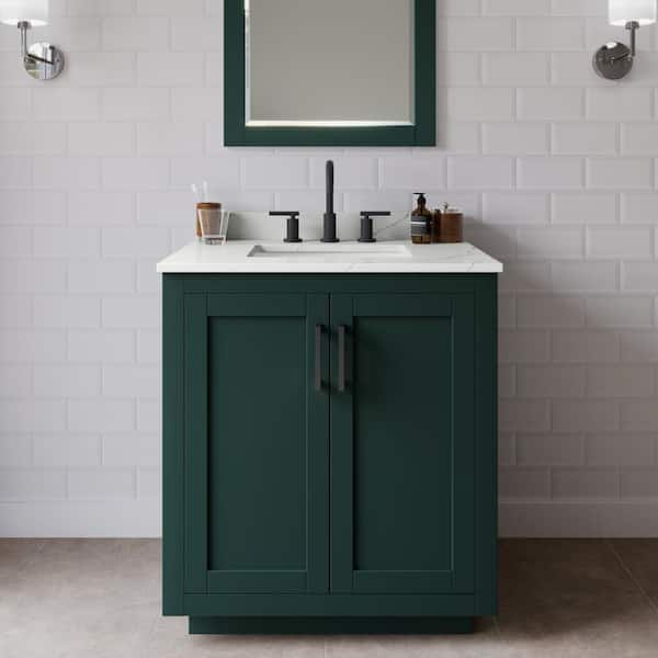 Wyndham Collection Miranda 30 in. W x 22 in. D x 33.75 in. H Single Bath Vanity in Green with Giotto Quartz Top and 24 in. Mirror