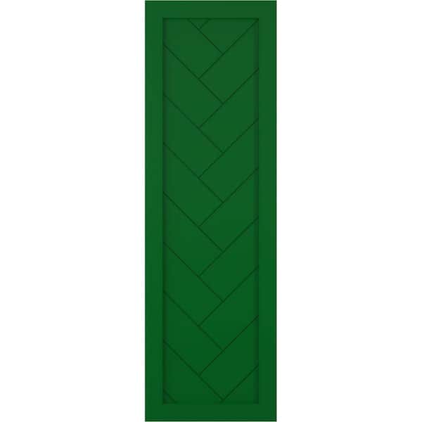Ekena Millwork 18 in. x 32 in. PVC Single Panel Herringbone Modern Style Fixed Mount Board and Batten Shutters Pair in Viridian Green