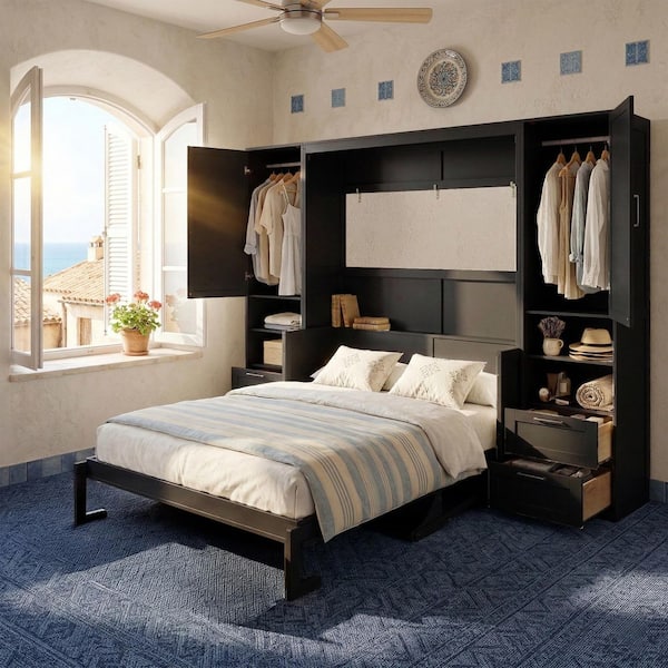 Black Oak Veneer Wood Frame Queen Size Murphy Bed with Closet, Drawers and Shelves