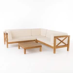 Brava Teak Finish 4-Piece Wood Outdoor Patio Sectional Set with Beige Cushions