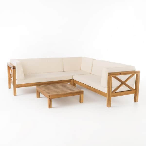 Noble House Brava Teak Finish 4-Piece Wood Outdoor Sectional Set with Beige Cushions