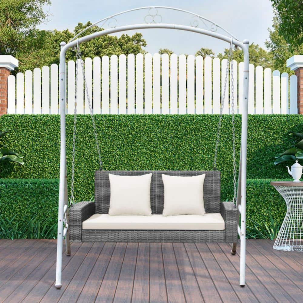 Gray Steel Frame Porch Swing with White Cushions