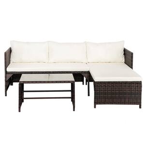 Brown Wicker Outdoor Sectional Set with White Cushions