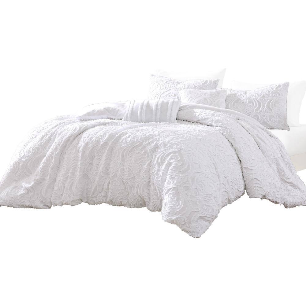 Benjara Kile 6 Piece White Medallion Cotton Queen Comforter Set