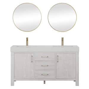 León 60 in. W x 22 in. D x 34 in. H Double Bath Vanity in Washed White with White Composite Stone Top and Mirror