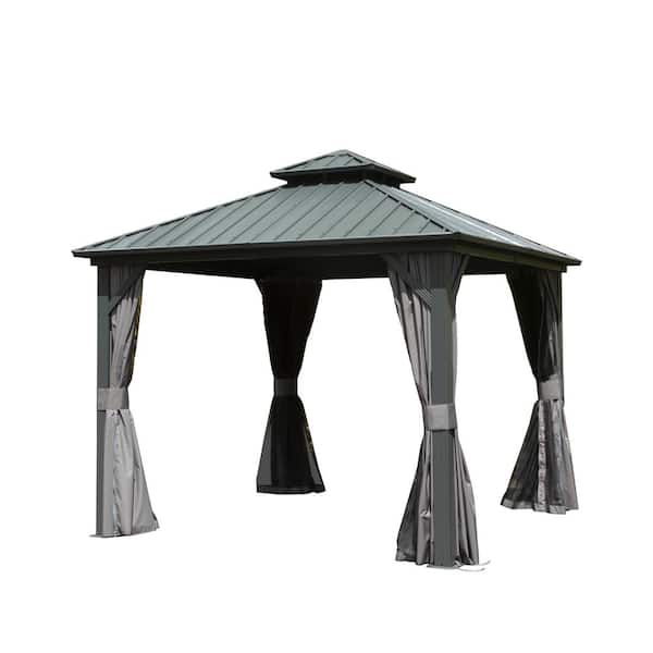 10 ft. x 10 ft. Hardtop Gazebo Metal Gazebo with Galvanized Steel Double Roof Canopy, Curtain and Netting