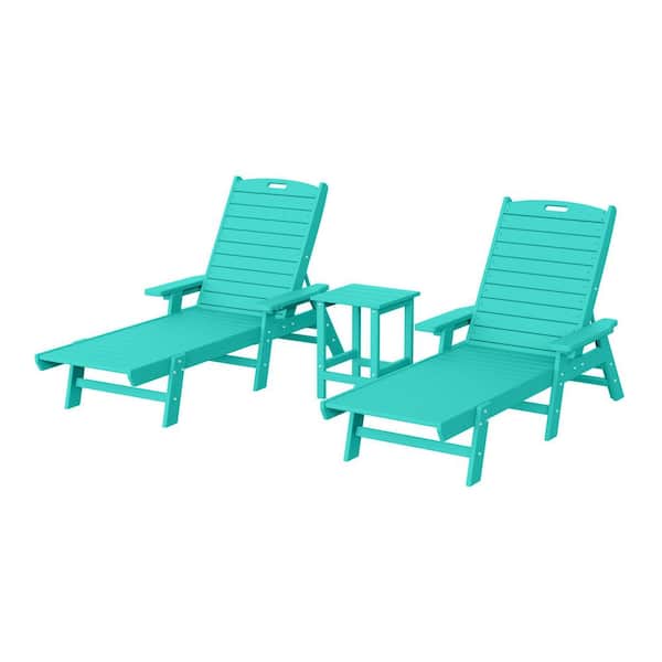 Harlo 3-Piece Turquoise Fade Resistant HDPE Plastic Reclining Outdoor Patio Chaise Lounge Arm Chair and Table Set