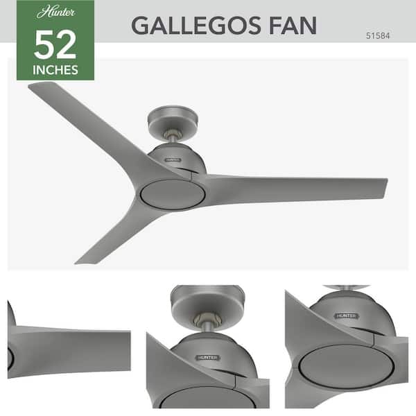 Hunter - Gallegos 52 in. Matte Silver Indoor/Outdoor Ceiling Fan with Wall Control Included For Patios or Bedrooms