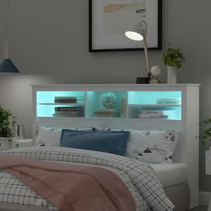 White Full Queen Wood Headboard Shelf with Socket Adapter USB Interface, Shelves and LED Lights