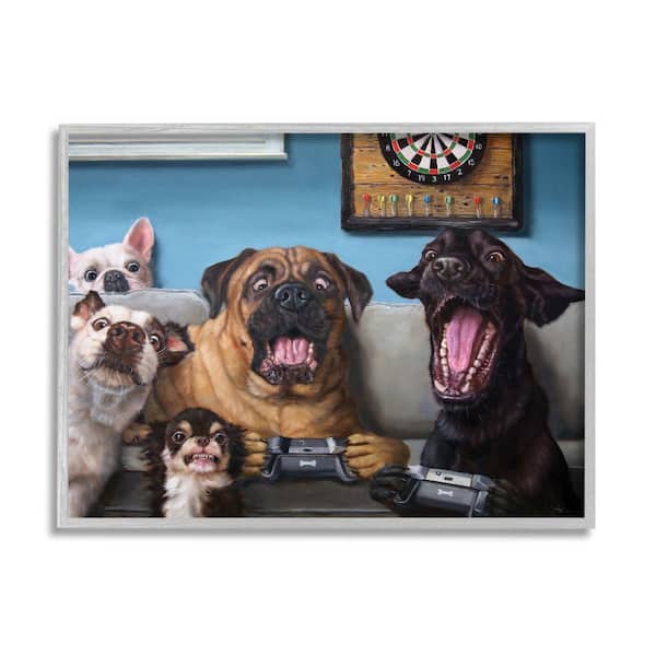 Stupell Industries "Funny Dogs Playing Video Games Livingroom Pet Portrait" by Lucia Heffernan Framed Animal Wall Art Print 11 in. x 14 in.
