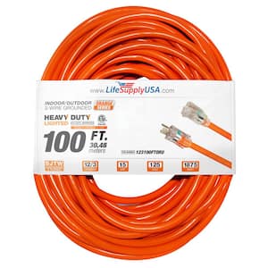 100 ft. 12/3 SJTW 15 Amp 125-Volt 1875-Watt Orange Indoor/Outdoor Heavy-Duty with Lighted End Extension Cord