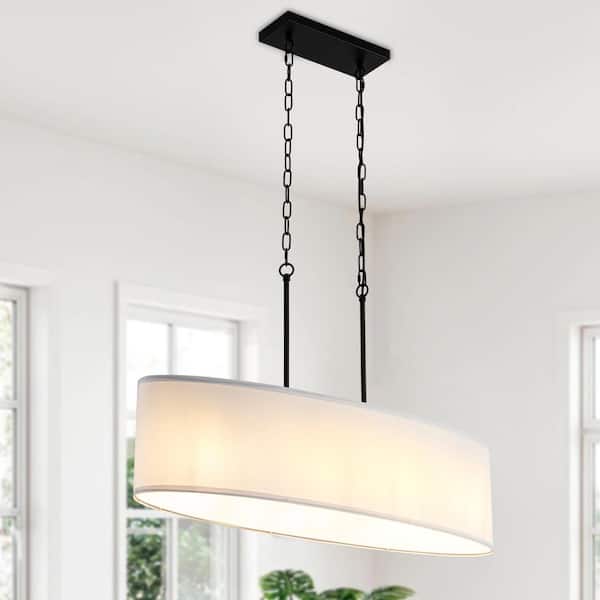 36 in. 4-Light Black Modern Dimmable Chandelier Kitchen Island Pendant with White Fabric Oval Shade, No Bulbs Included