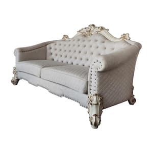 Vendome II98 in. Wide Rolled Arm Fabric Straight Sofa with 6 Pillows in Two Tone Ivory and Antique Pearl