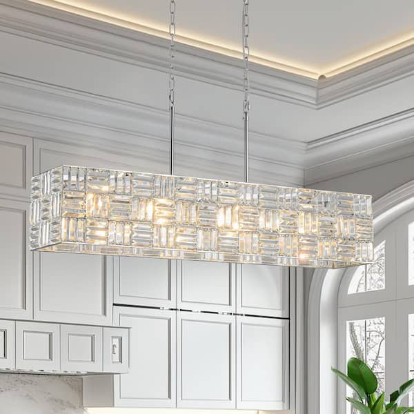 HUOKU Luz 8-Light Long Crystal Chandelier Chrome Finish Rectangular Chandelier for Dining Room