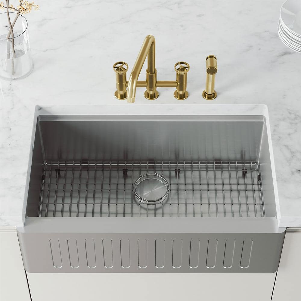 Matte Brushed Gold 12" Bridge Kitchen Faucet with Pull-Out Sprayer