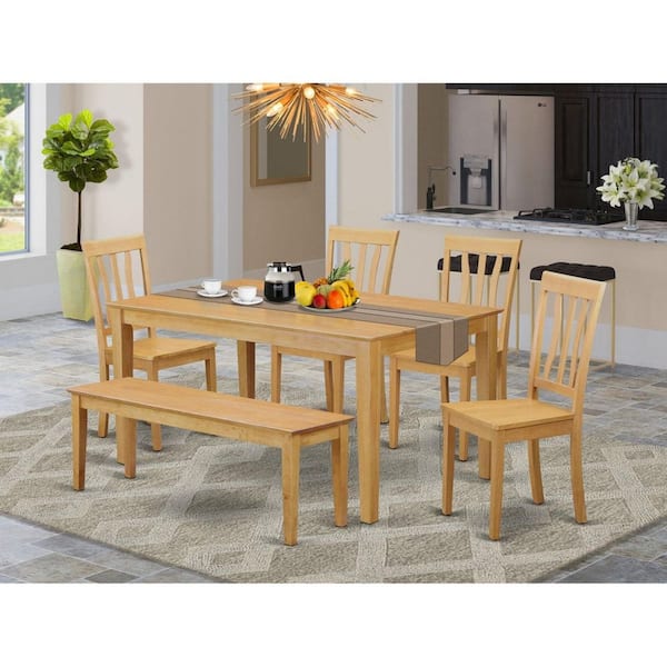 6-Piece Rectangle Natural Oak Finish Solid Wood Top Dining Table with 1 Bench, 4 Chairs with Slat Back, Seats 6