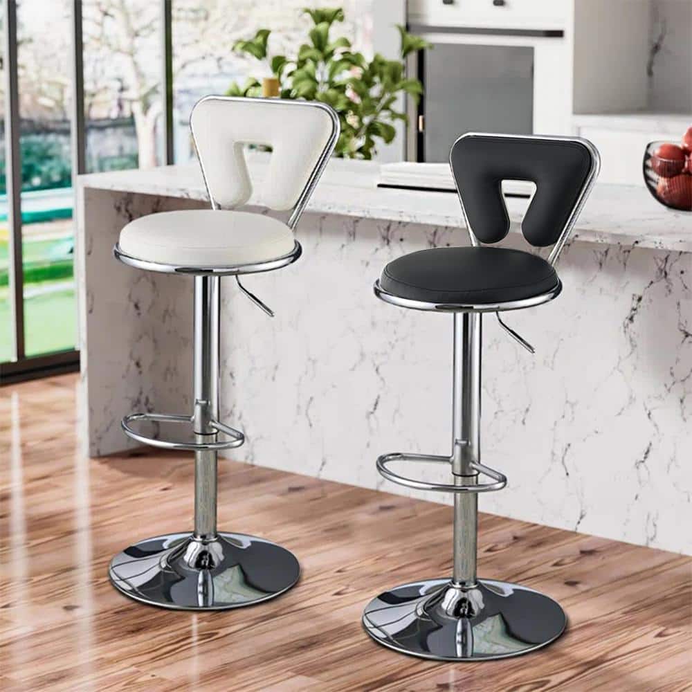 Adjustable Black Faux Leather Swivel Barstool with Metal Base