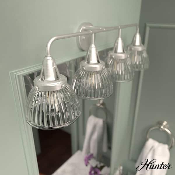 Hunter Cypress Grove 33 in. 4 Light Brushed Nickel Vanity Light with Clear Holophane Glass Shades Bathroom Light