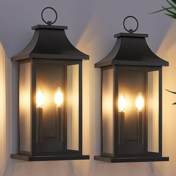 22 in. Tall 2-Light Black Outdoor Hardwired Wall Lantern Scone Exterior Wall Light with No Bulbs Included (2-Pack)