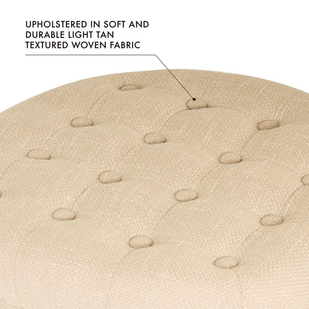 Light Tan Round Tufted Storage Ottoman with Wooden Legs