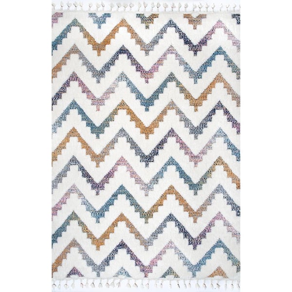 Rumi High-Low Chevron Tassel Beige 7 ft. 10 in. x 10 ft. Indoor Area Rug