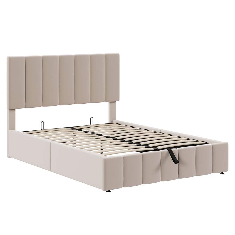 Beige Full Size Upholstered Platform Bed with Hydraulic Storage
