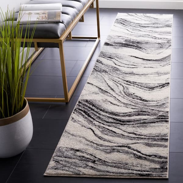 Tulum 2 ft. x 9 ft. Ivory/Black Wavy Marble Runner Rug