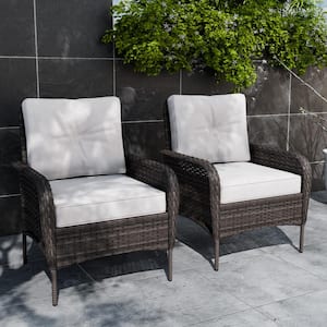 2-Piece Brown Wicker Patio Outdoor Lounge Chair Dining Chair with Beige Cushions