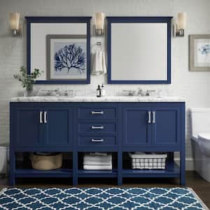 Everett 32 in. W x 32 in. H Square Tri Fold Wood Framed Wall Bathroom Vanity Mirror in Aegean Blue