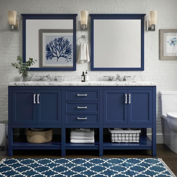 Everett 32 in. W x 32 in. H Square Wood Framed Wall Bathroom Vanity Mirror in Aegean Blue