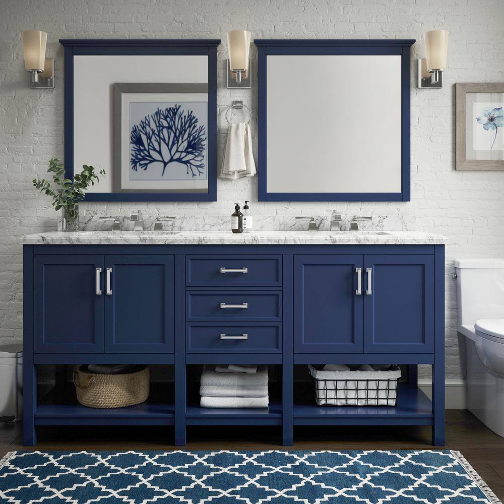 Home Decorators Collection Everett 73 in. W x 22 in. D x 36 in. H Double Sink Freestanding Bath Vanity in Aegean Blue with Carrara Marble Top