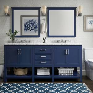 Everett 73 in. W x 22 in. D x 35.5 in. H Double Sink Freestanding Bath Vanity in Aegean Blue with Carrara MarbleTop