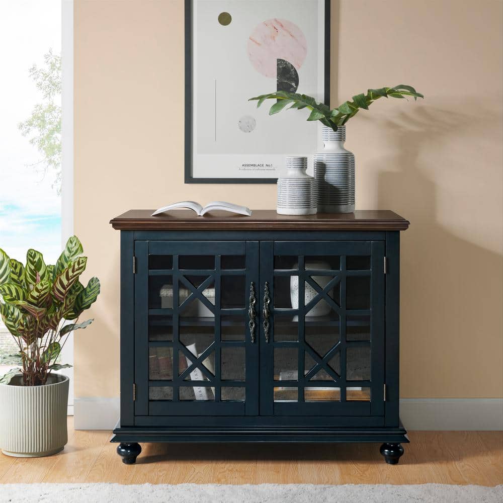 Catalina Blue TV Stand with Coffee Walnut Top and Cabinet